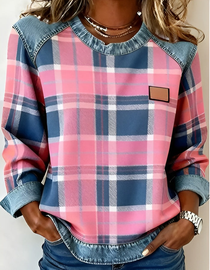 Avery | Pink Checkered Denim Knit Sweater